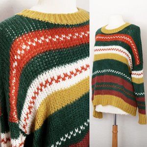 NEW Color Block Striped Fair Isle Vintage Retro Style Loose Knit Sweater Top